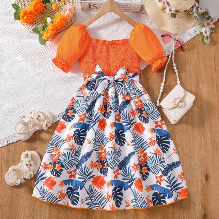 

Girl Short Sleeves Floral Print Dress Children Kid Casual Summer Beach Sundress Princess Dresses Clothes 10Y оранжевый