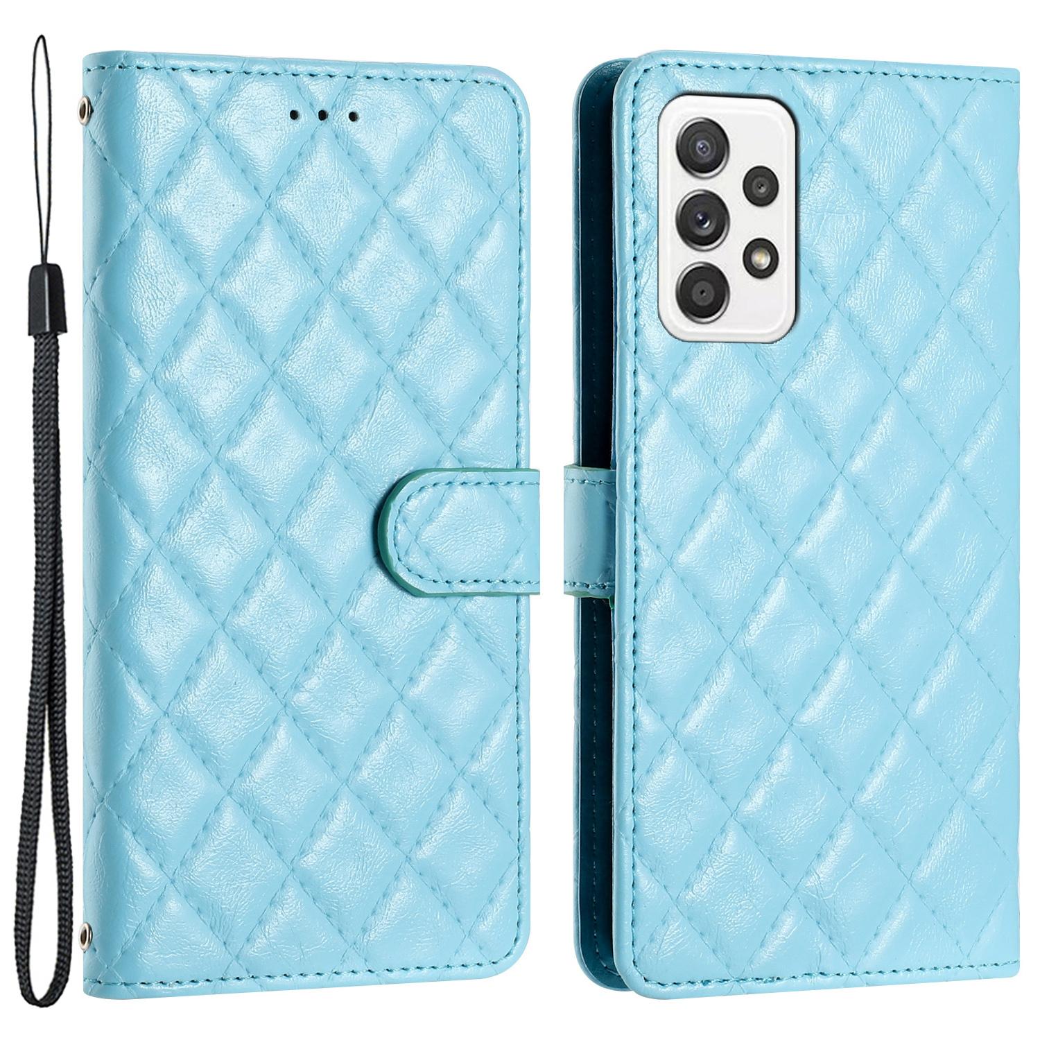 

For Samsung Galaxy A52 4G/A52s 5G/A52 5G Stitching Line Rhombus Cell Phone Cover PU Leather Wallet Shell Stand Phone Case Sky Blue