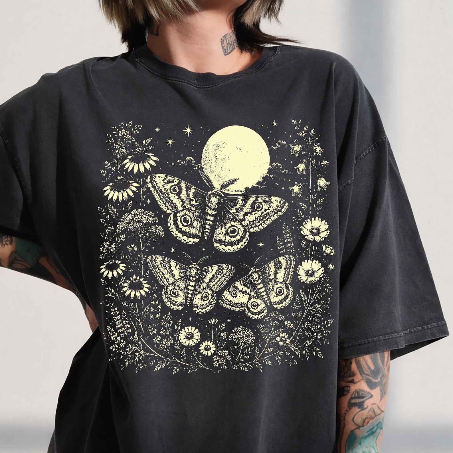 Moth And Moon Shirt, Vintage Lunar Moth Tee, Gothic Cottagecore Floral Graphic, Celestial Nature Gift S