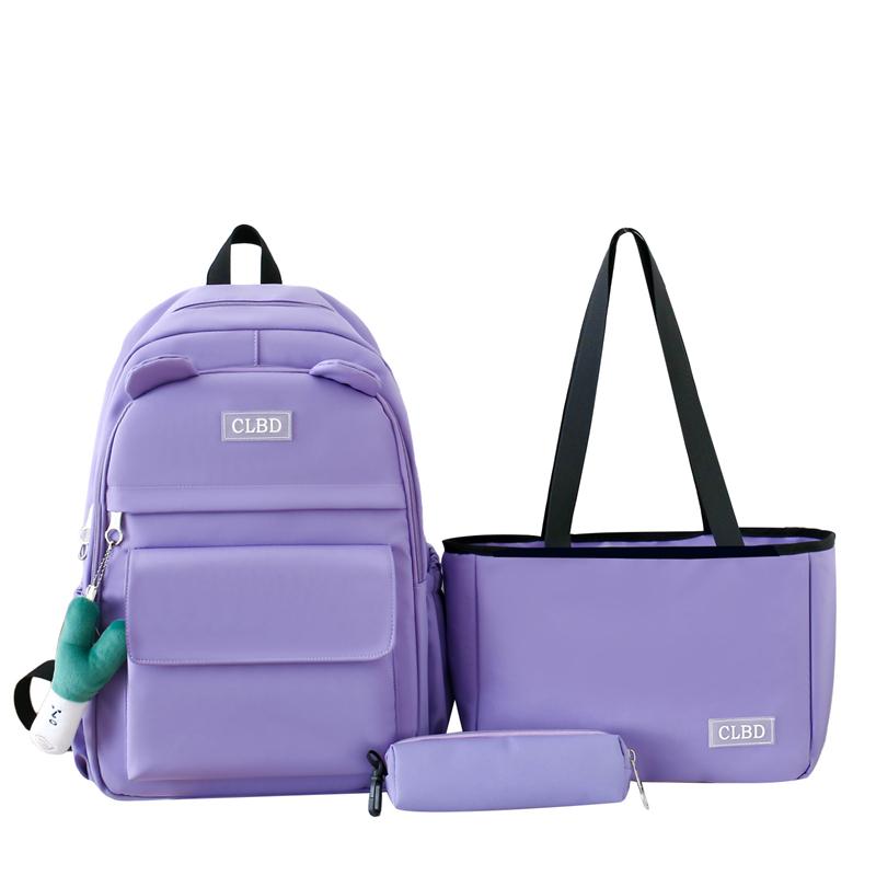 Three-Piece Backpack Set Solid Color Student Schoolbag Women Large Capacity Lightweight Computer Backpack