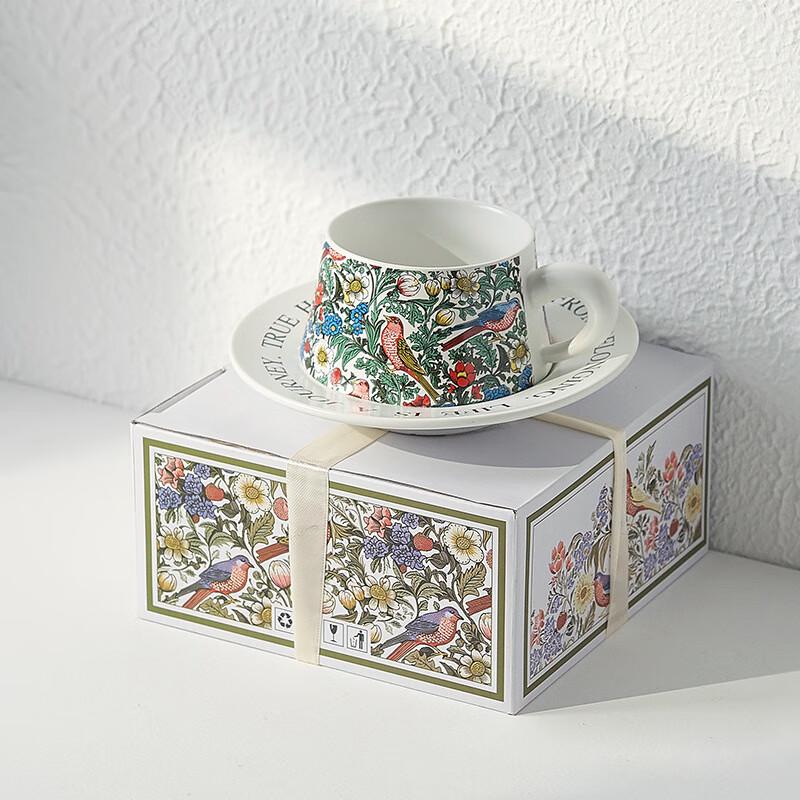 

Jingxun Retro Flower Bird Watercolor Ceramic Coffee Mug with Saucer