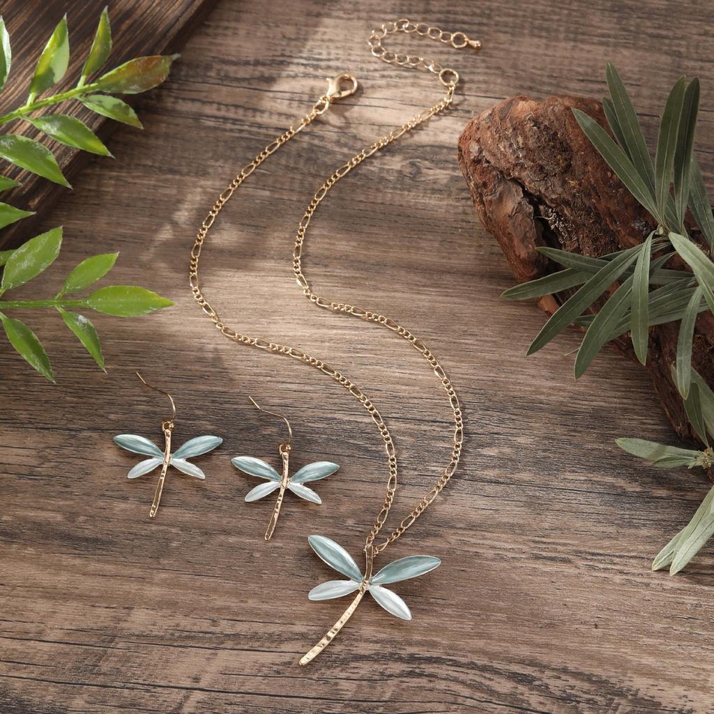 Luxury New Color Painting Oil Dragonfly Stud Earrings Pendant Set, Fresh and Beautiful Women's Versatile Necklace Set