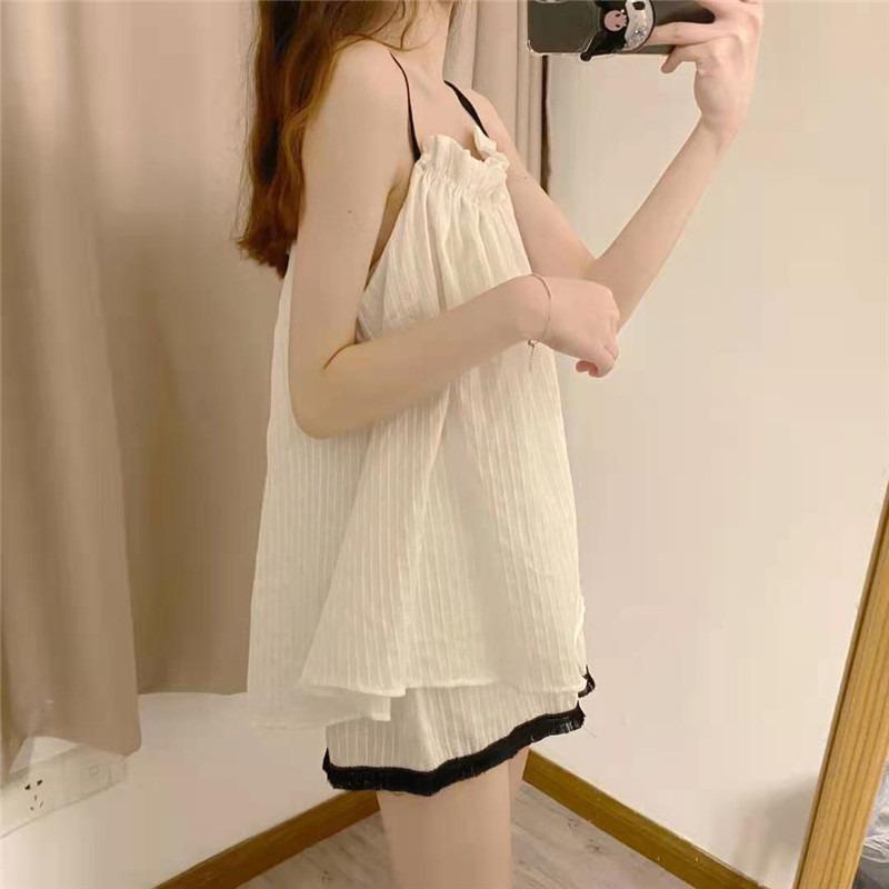 Summer Women Two Pieces Thin Pajamas with Suspenders Solid Soft Short Cotton Homewear Simple Loose Outdoor Gilrs Set Clothing