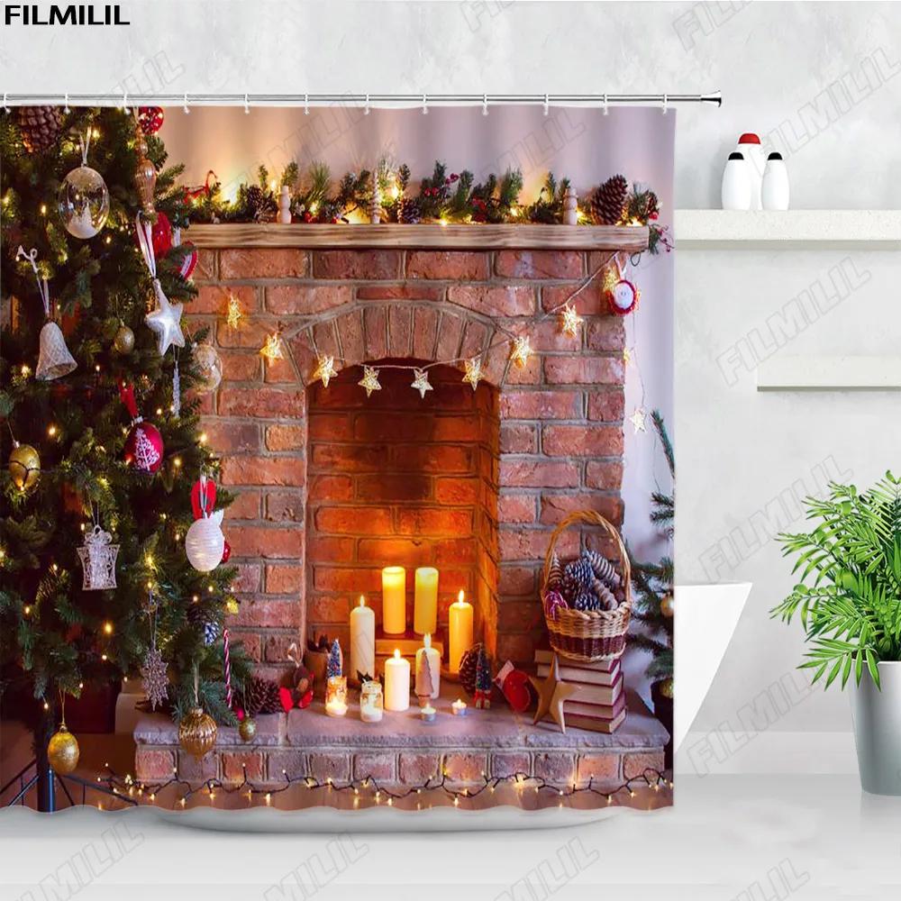 Retro olejomalba Vánoční sprchové závěsy Santa Claus Garland Xmas Tree Vintage krb Novoroční dekorace Sada koupelnových závěsů