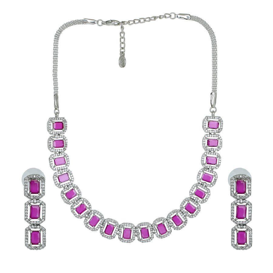 Estele Octagonal Necklace Set with Rhodium Plated CZ Ossum and Ruby Stones for Women