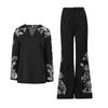 National Style Retro Printed Suit Women's Letter Collar Loose Long-sleeved Top + Mid-waist Slimming Micro-pants