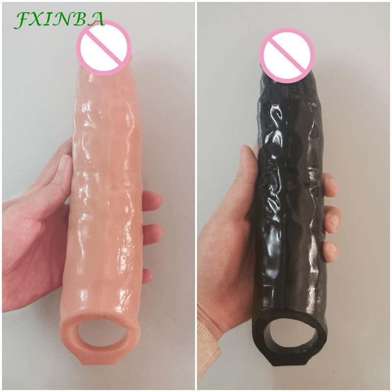 FXINBA 24/28cm Realistic Penis Sleeve Extender Huge Cock Enlargement Sex Toy For Men Delay Reusable