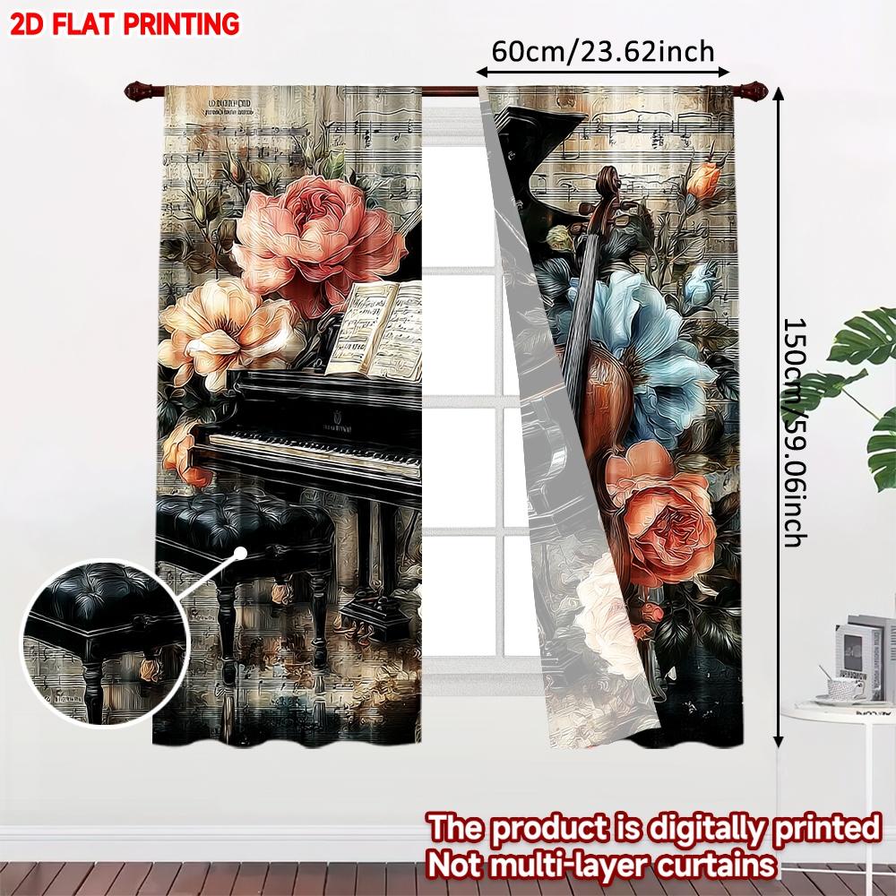 Artistic Piano Violin Music Curtains Romantic Sheet Roses Blossoms Vintage Paper Living Room Set Of 2 Made Polyester Area Decor