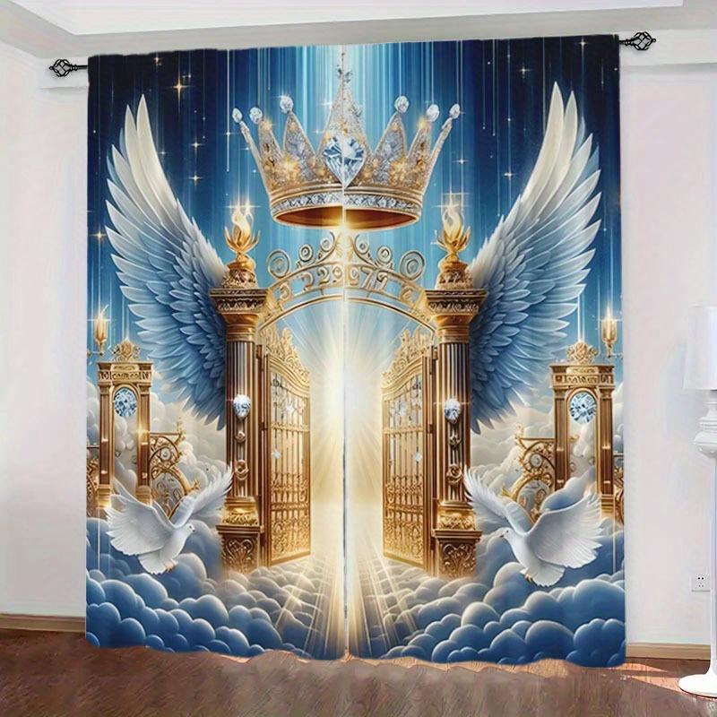 

Angel Sheer Curtains Royal Golden Gate Wings Crown Design Living Room Bedroom Kitchen Light Blocking Set Of 2 Made Polyester Area Decor W100*H70(CM)-Hooks&2PCS