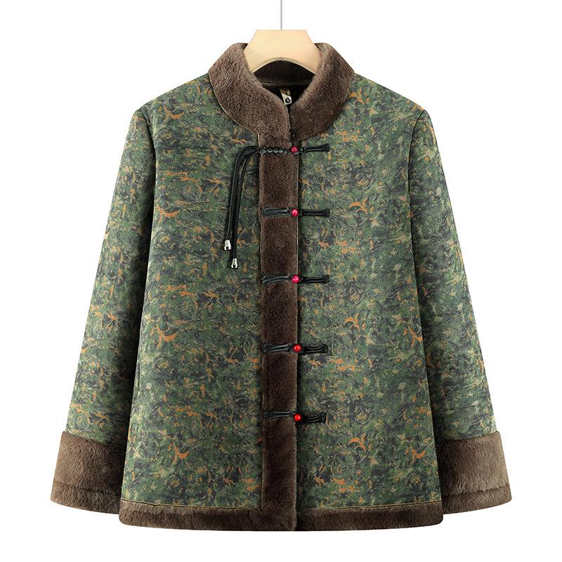 Winter Cotton Jacket with Fur Lining for Middle-aged and Elderly Women - Chinese National Style