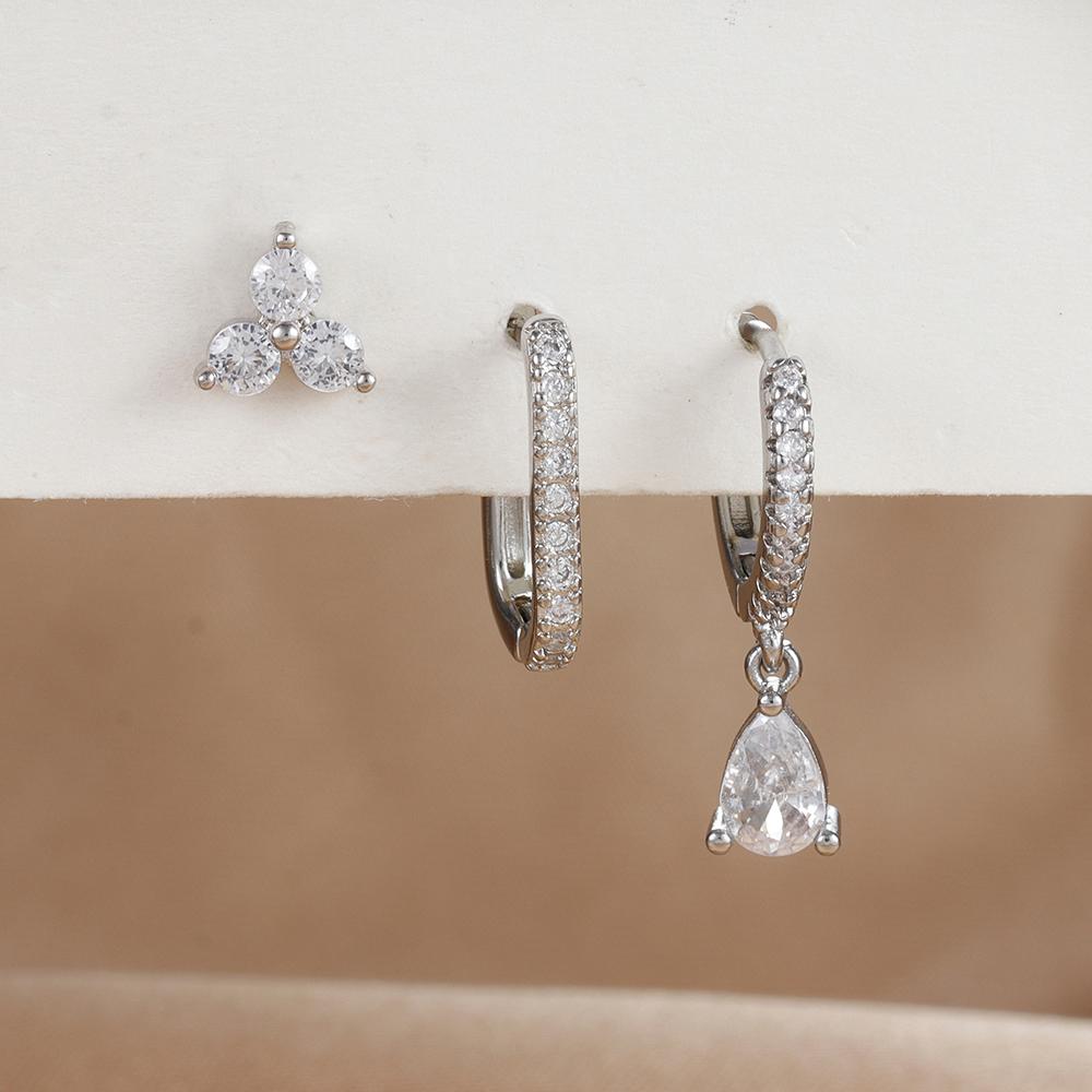 3PCS/Set Fashion Waterdrop Shape Zircon Hoop Earrings For Women Delicate Triangle Shaped Flower Stud Earrings Piercing Jewelry