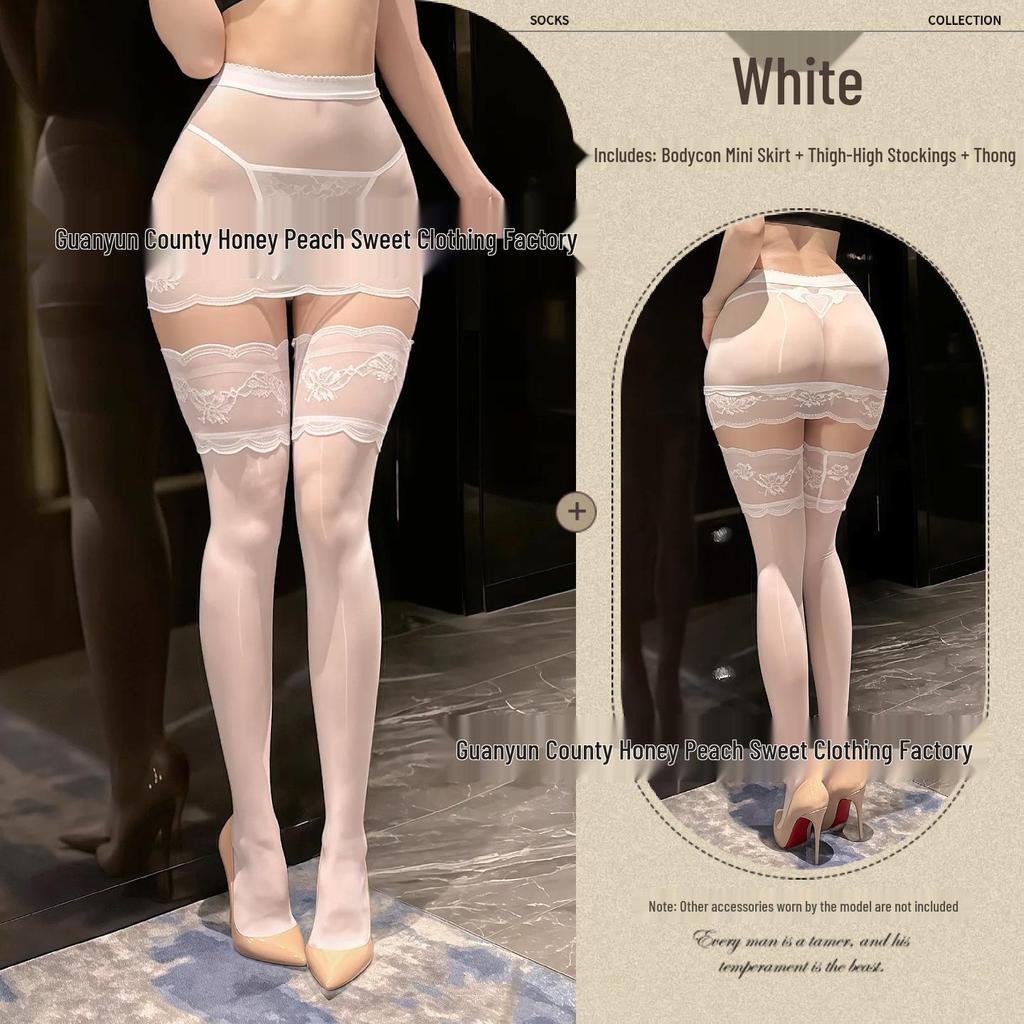 Seductive Sheer Hip-Hugging Miniskirt with Lace Trim and Over-the-Knee Black Stockings