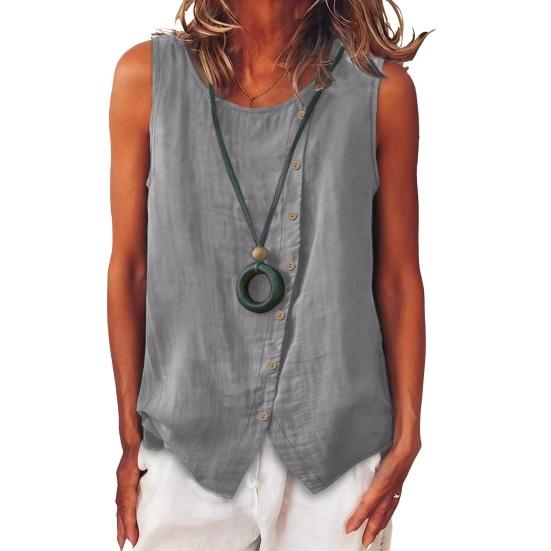 

Women Tops Crew Neck Sleeveless Side Buttons Decor Asymmetric Design Pullover Tops Pure Color Loose Fit Summer Vest XL светло-серый
