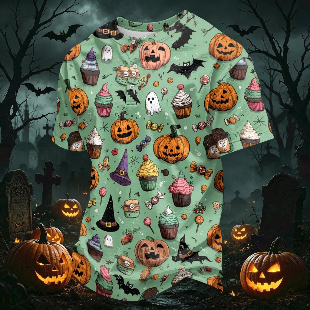 Men's Casual Button Collar Lightweight Breathable Short Sleeve Shirt Halloween Themed Printed Design Comfortable Fit