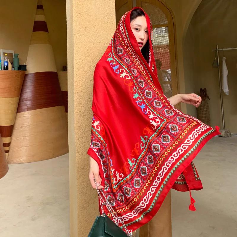 Ethnic Shawl Scarf Seaside Sunscreen Beach Silk Scarf Red Big Yarn Women'S Desert Travel Ladies Po Accessories Ladies
