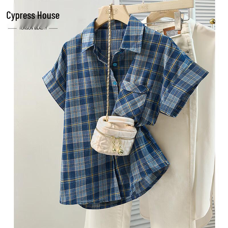 

Women s Retro Plaid Short-Sleeve Lapel Shirt