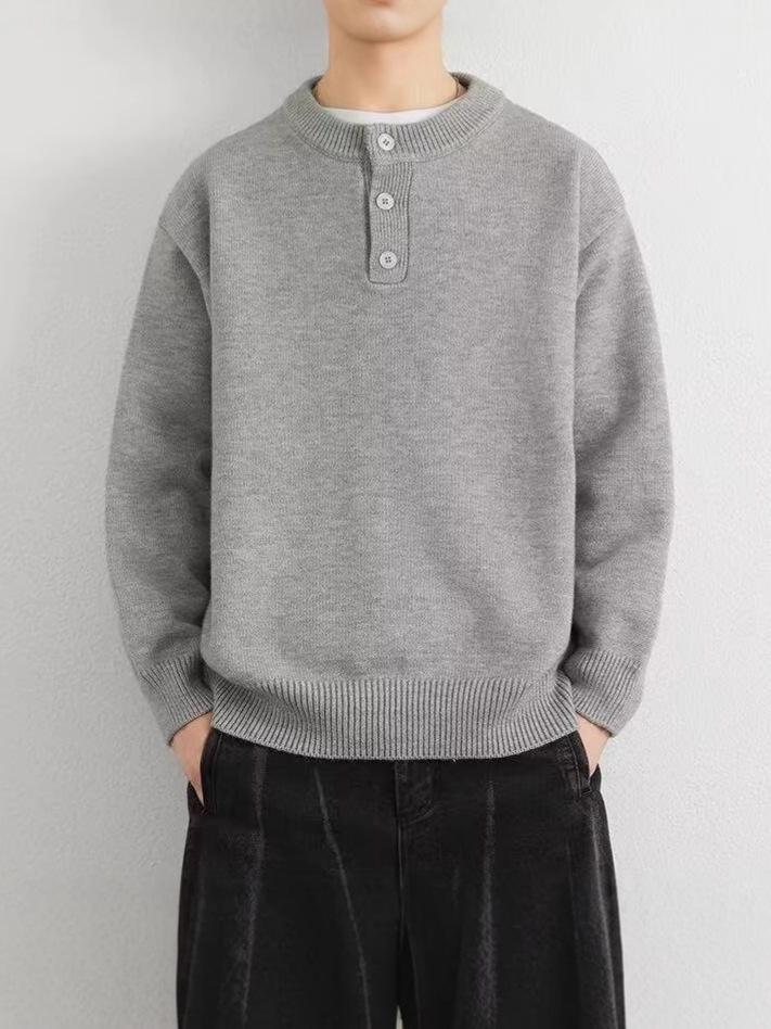 Men's American Retro Henley Collar Sweater: Autumn/Winter Clean Fit, High-End Feel, Solid Color Base Layer Knitwear