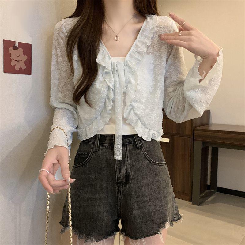 Women's Summer Chiffon Cardigan with Ruffle Lace-up and Bell Sleeves