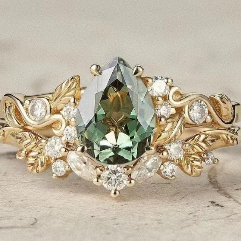 European and American new  flower shape green zircon inlaid luxury personality versatile women's ring