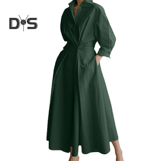 Langärmliges Button-Down-Hemdkleid für Damen, lässiges A-Linien-Midikleid, lockere Passform, Reverskragen, langes Kleid für Büropartys und Strand
