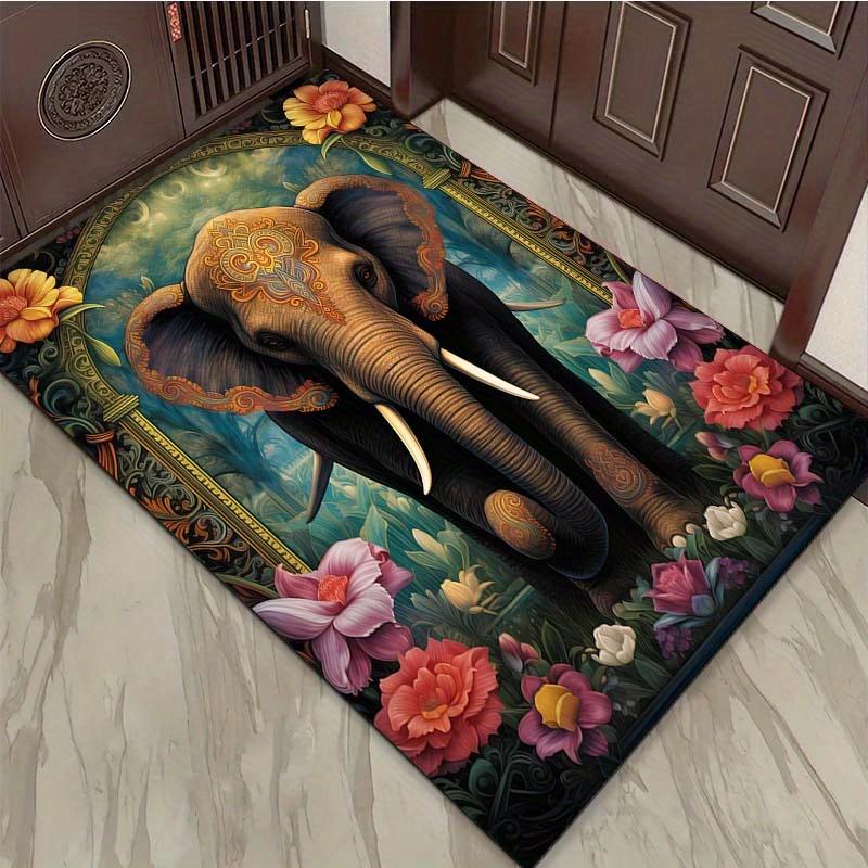 Elephant and Floral Rug for Elegant Living Rooms - Exotic Animal Design Floor Mat, Luxury Home Decor Skid resistant carpet