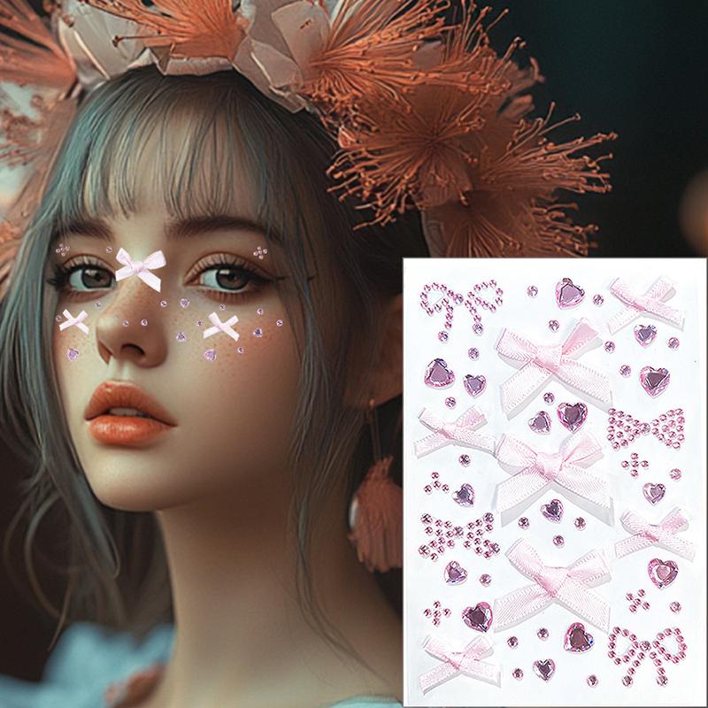 Bow  Tattoo Sticker Face Diy Makeup Red Diamond Pearl Bows Temporary Tattoo Sticker Self Adhesive Party Festival
