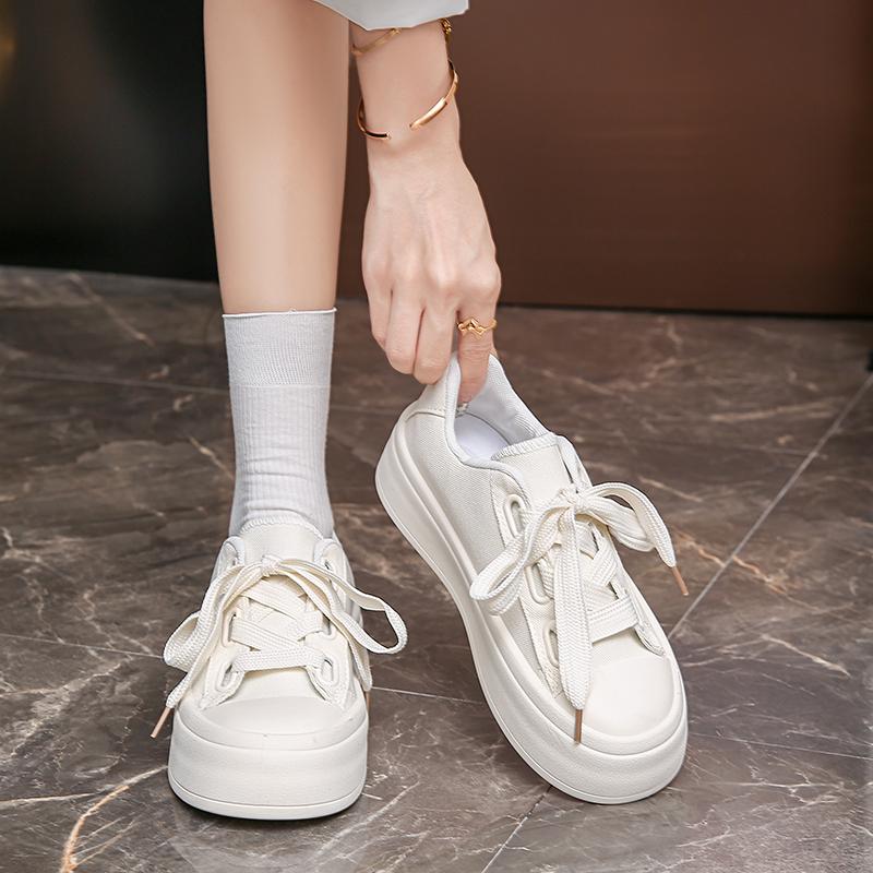 

Fashion 2024 Fashionable Women s Sports Shoes Round Toe Lace-up Casual Comfortable Vulcanized Thick Sole Shoes 40 бежевый