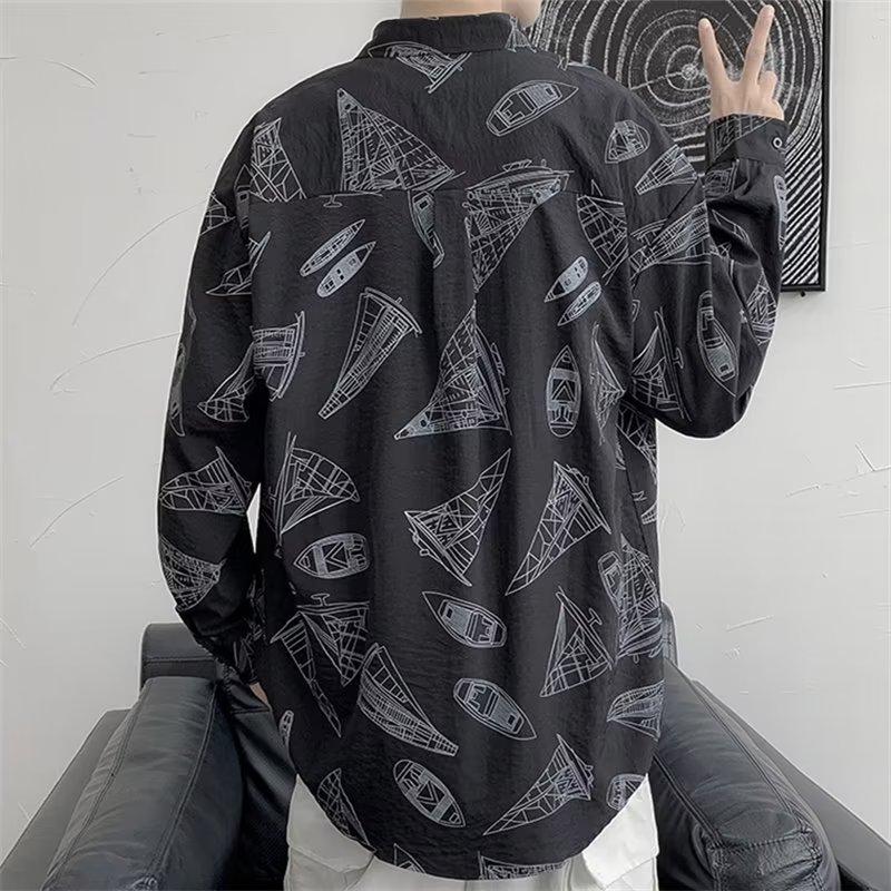 Spring and Autumn Graffiti Long-Sleeved Shirt Men's Printed Ins Fashion Brand Hong Kong Style Japanese Style Students All-Match Fashion Couple's Tops
