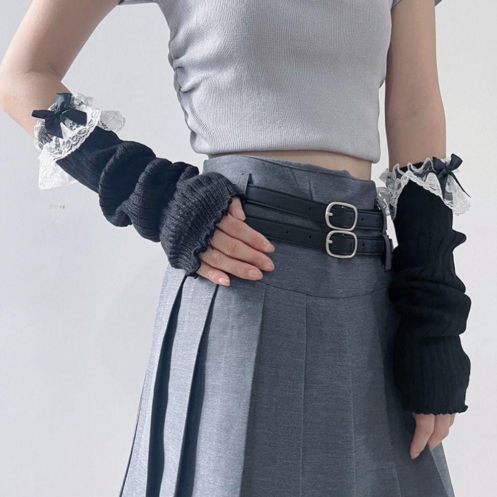Lace Bow Knitted Gloves Solid Color Wool Sleeve Cuff Simple Arm Warmers  Party