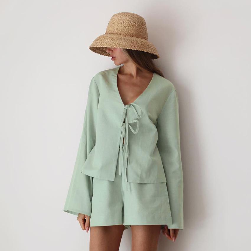 2025 Summer White Lace Up Shirts For Women‘s Elegant Loose Long Sleeve V-neck Blouse Female Solid Causal Street Chic Lady Tops