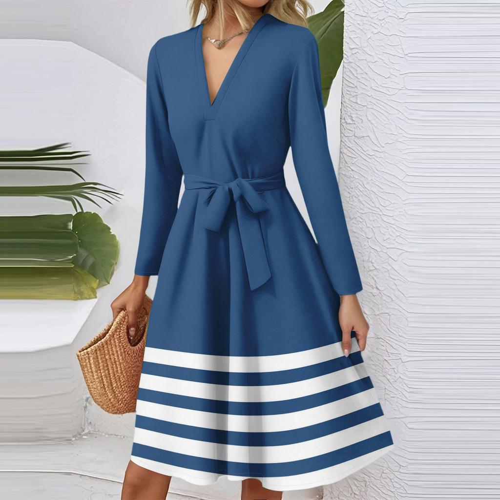 Women's Fashion Casual V-Neck Long Sleeve Waist Striped Printed Midi Dress