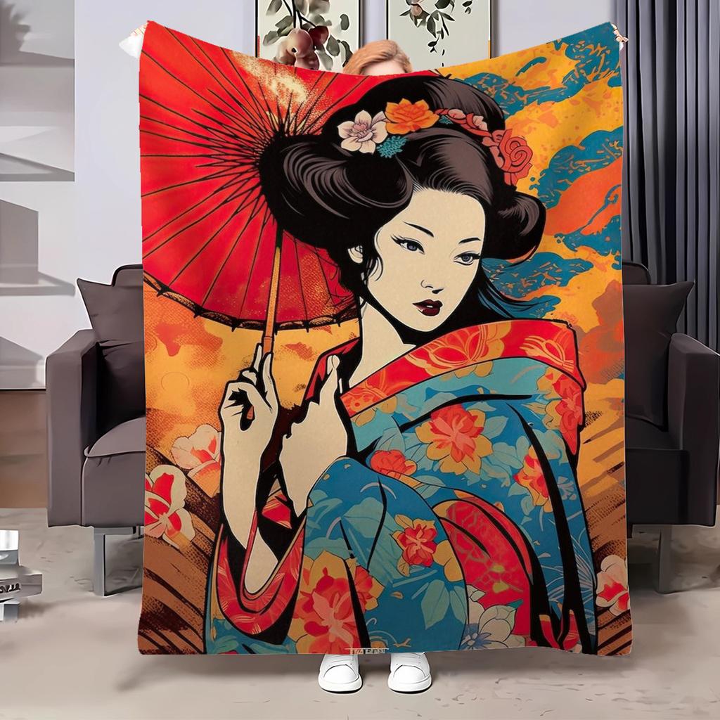 Series of Japanese Geishas Digital-printed Polyester Bedroom Velvet Flannel Cover Blanket Fleece Soft Cover Blankets for Beds
