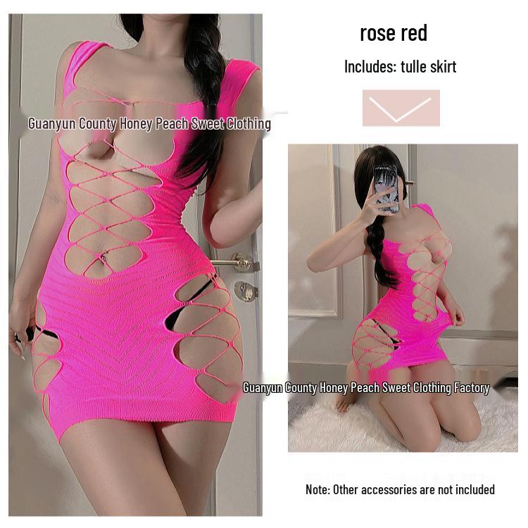 Seductive Christmas Uniform: Open-Crotch Lingerie Set with Fishnet Stockings for New Year Temptation