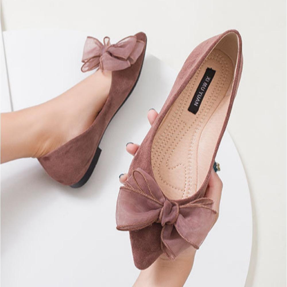 Fashion Flat Shoes for Women Spring New Shallow Bow Single Shoe Pointed Suede Flats Shoe Soft Soled Oversized Women's Shoes Ladies Pumps