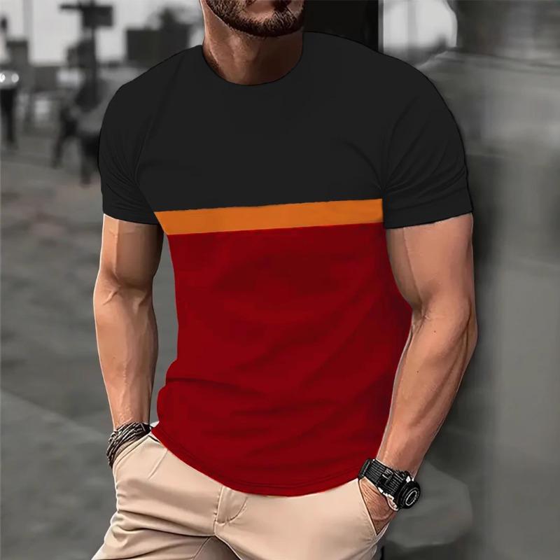 Men's Tri Color Splicing Design Short Sleeved T-shirt with Orange Stripe Round Neck TEE Shirt