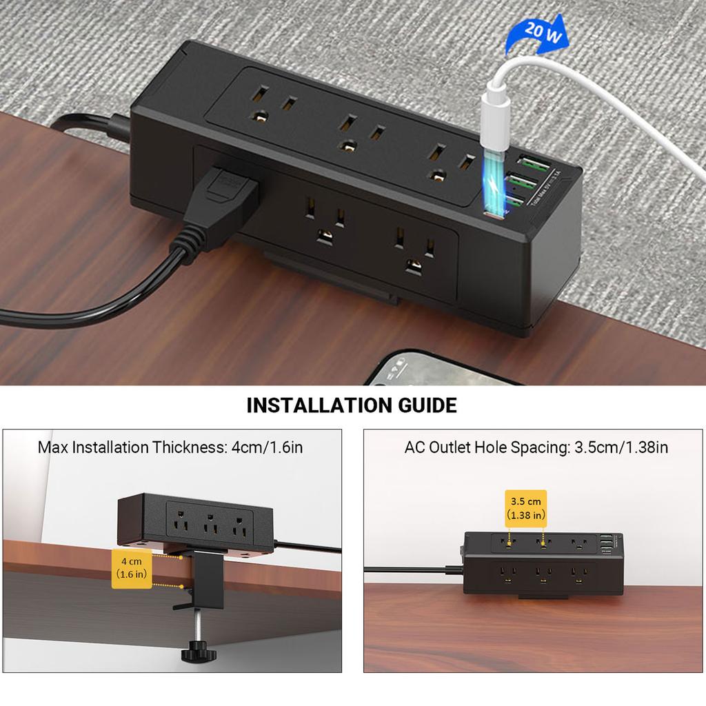 Desk Edge Mount Power Strip with 6 Outlets & 4 Fast Charging USB Ports Tabletop Surge Protector Desk Clamp Power Socket