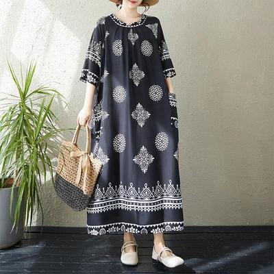 Kurzarm Plus-Size-Baumwolle im Vintage-Stil mit Blumenmuster, neu in Kleidern für Damen, lässiges, lockeres, langes Sommerkleid