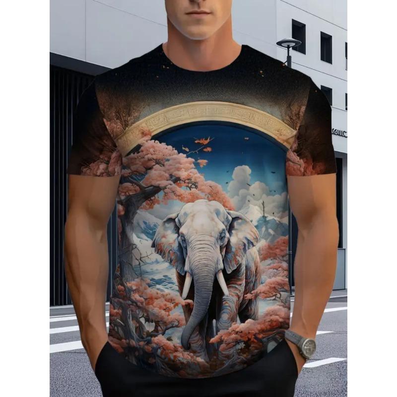 Men's 3D Elephant Print T-shirt Short Sleeved T-shirt Breathable Polyester Round Neck Casual Streetwear Top