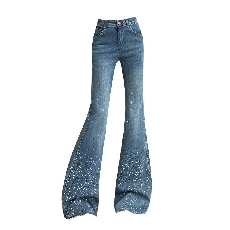 Jeans de Micro-Campana de Tiro Alto con Pedrería Brillante – Pantalones Acampanados Elásticos de Corte Ajustado para Mujer para Primavera/Otoño