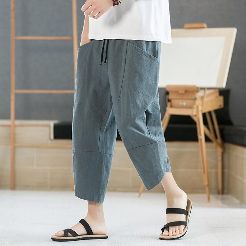 Baggy Large Pocket Cropped Oversize Loose Harem Linen Pants for Men Casual Summer Breathable Lightweight Daily Wear Trousers