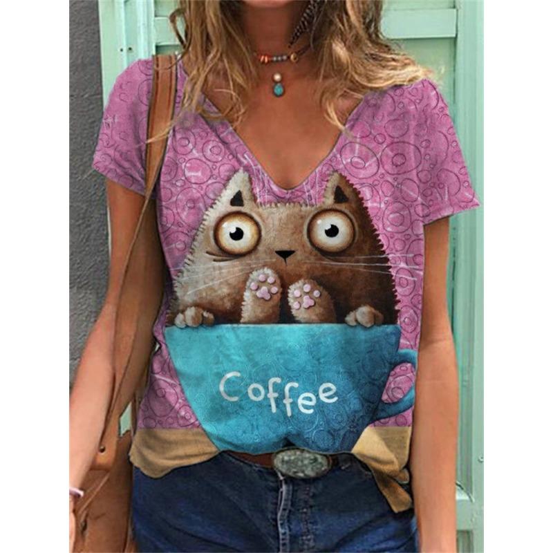 Summer V-neck 3D Cat Flower Colorful Printed Top Fashionable Casual Short Sleeved Women's T-shirts