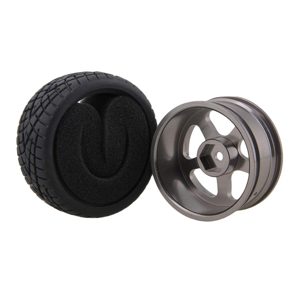 Mxfans 4pcs Black Fish Pattern Rubber Tires Aluminum Alloy Silver Grey 5 Spoke Wheel Rims for RC Car & 110 On-Road