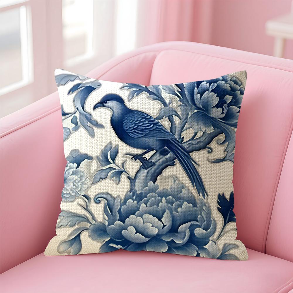 Blue Pattern Hot Cushion Cover Natural Linen Pillow Case DoubleSided Print Decorative Sofa Pillowcase Home Decor Gift
