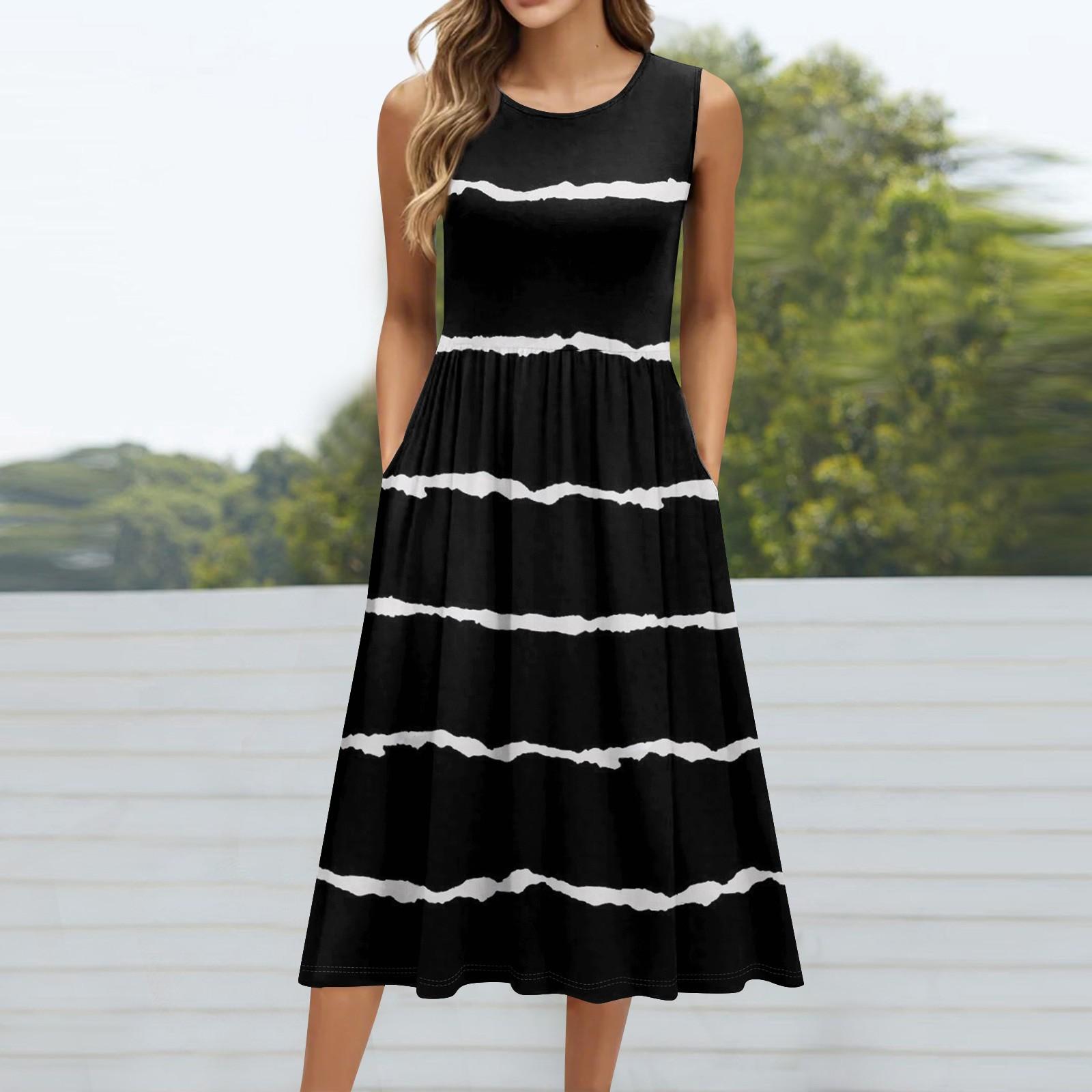 

Жіноча модна повсякденна сукня середньої довжини без рукавів з круглим вирізом і кишенею в стилі ретро з квітковим принтом S чорний