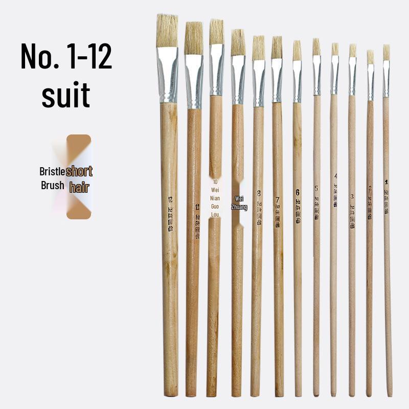 12-Piece Hog Bristle Paintbrush Set with Wood Handles for Watercolor, Acrylic, and Oil Painting. Flat Bristle Set #1-12