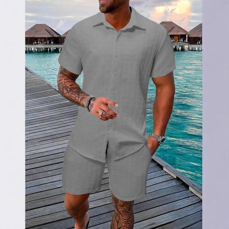 Mens Casual Solid Color Textured Short Sleeve Shirt And Shorts Two Piece Set