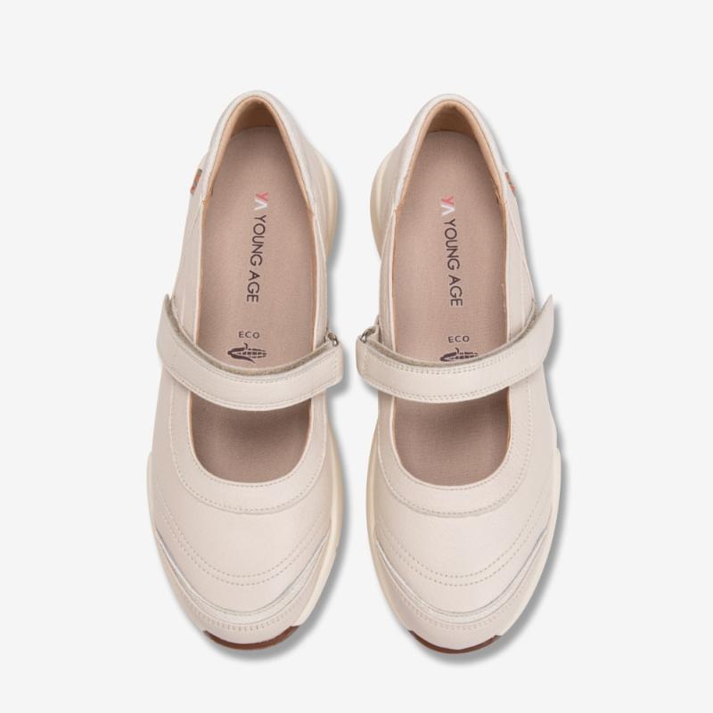 Young Age Women Goat Leather Casual Mary Jane Sneakers Ivory