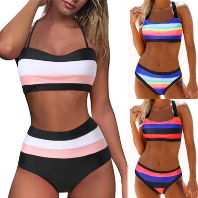 Women Bandeau Padded Push Up Print High Waist Two Piece Swimwear