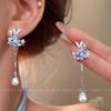 111 Silver Needle Super Fairy Blue Butterfly Stud Earrings Femininity High Sense Pearl Fringed Earrings Versatile New Earrings