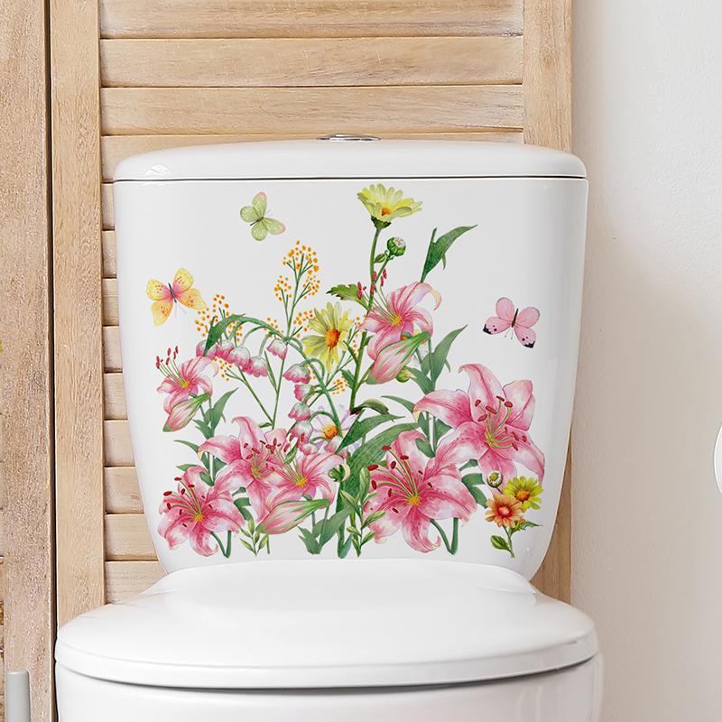 1Pcs Flower Floral Toilet Stickers Green Plant Leaves Wall Stickers Decoration Waterproof Self-Adhesive Decals Bathroom Sticker